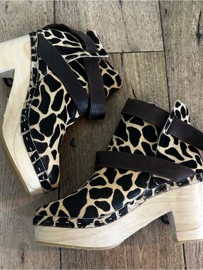 Free People Bungalow Leopard Print Heeled wood clog Bootie Black Brown NWT 37